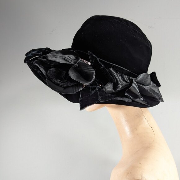 Eleanor Mack Park Royal Black Velvet Cartwheel mourning hat size small - Picture 4 of 9